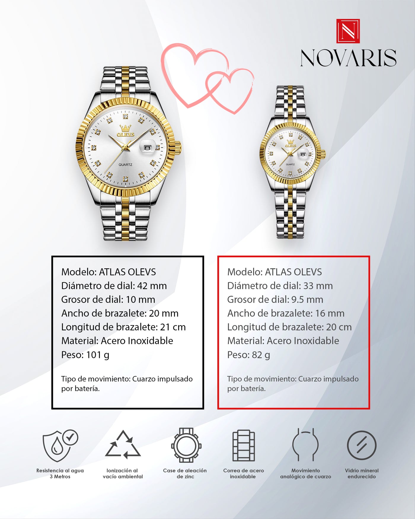 RELOJ PAREJA ATLAS PLATEADO OLEVS