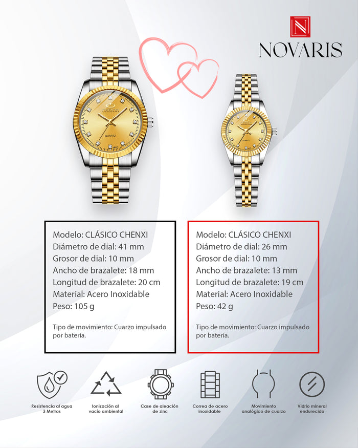 PAREJA RELOJ CHENXI DORADO (INCLUYE 2 RELOJES)