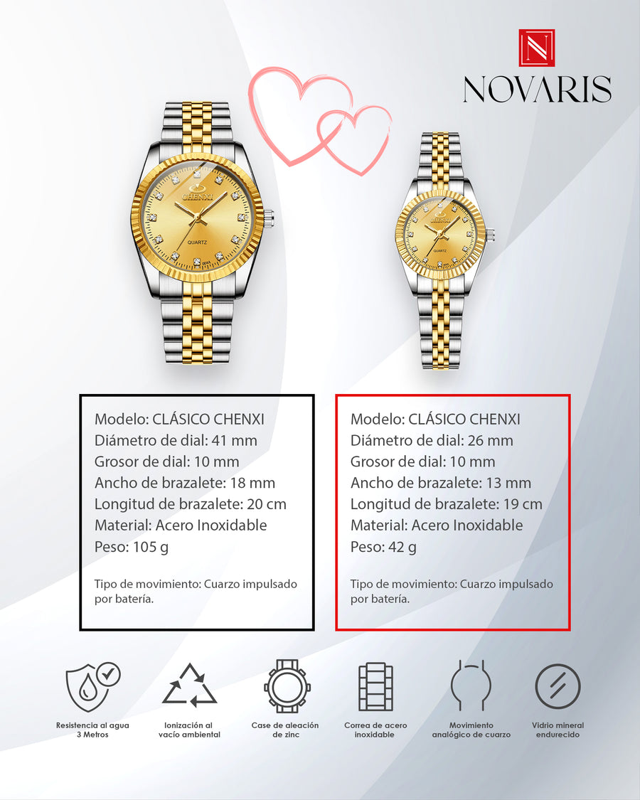 PAREJA RELOJ CHENXI DORADO (INCLUYE 2 RELOJES)
