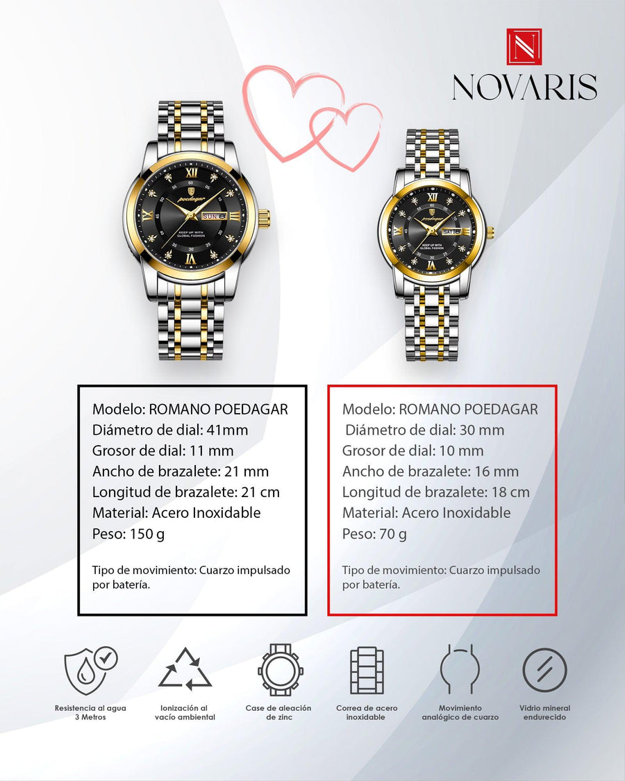 RELOJ PAREJA ROMANO NEGRO POEDAGAR (INCLUYE 2 RELOJES)