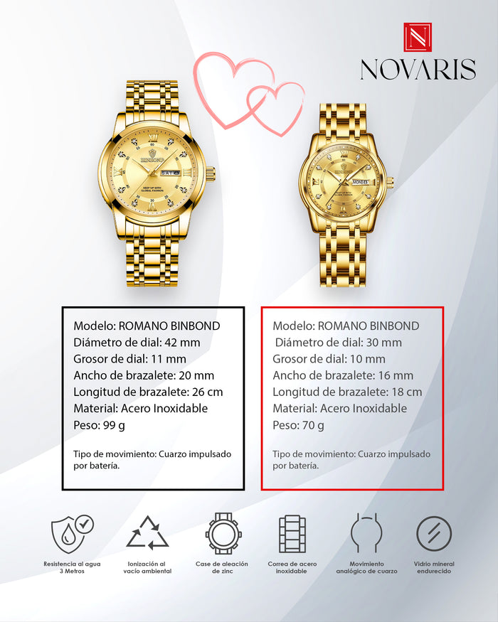 PAREJA RELOJ ROMANO DORADO BINBOND (INCLUYE 2 RELOJES)