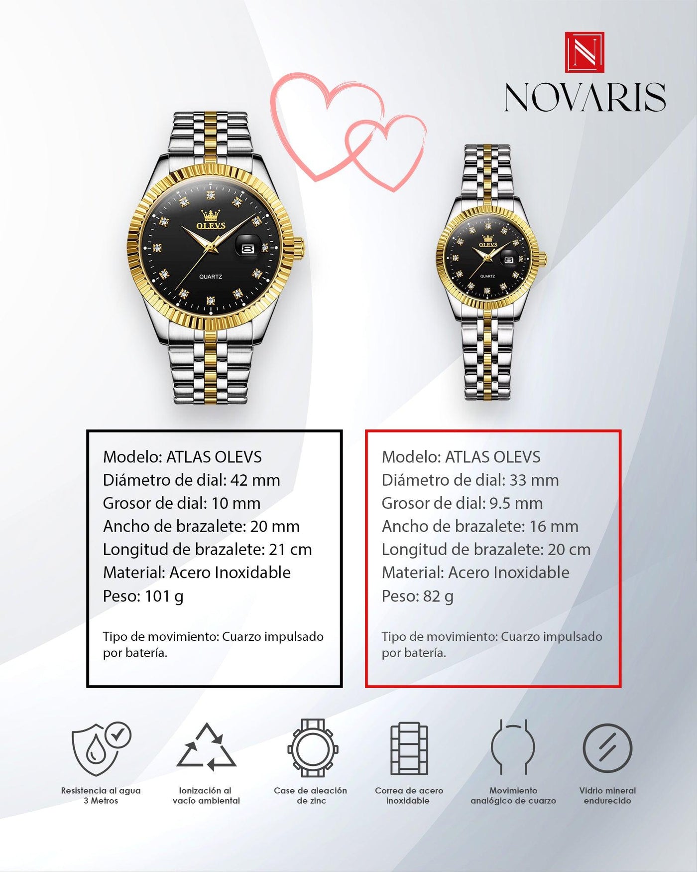 RELOJ PAREJA ATLAS NEGRO OLEVS