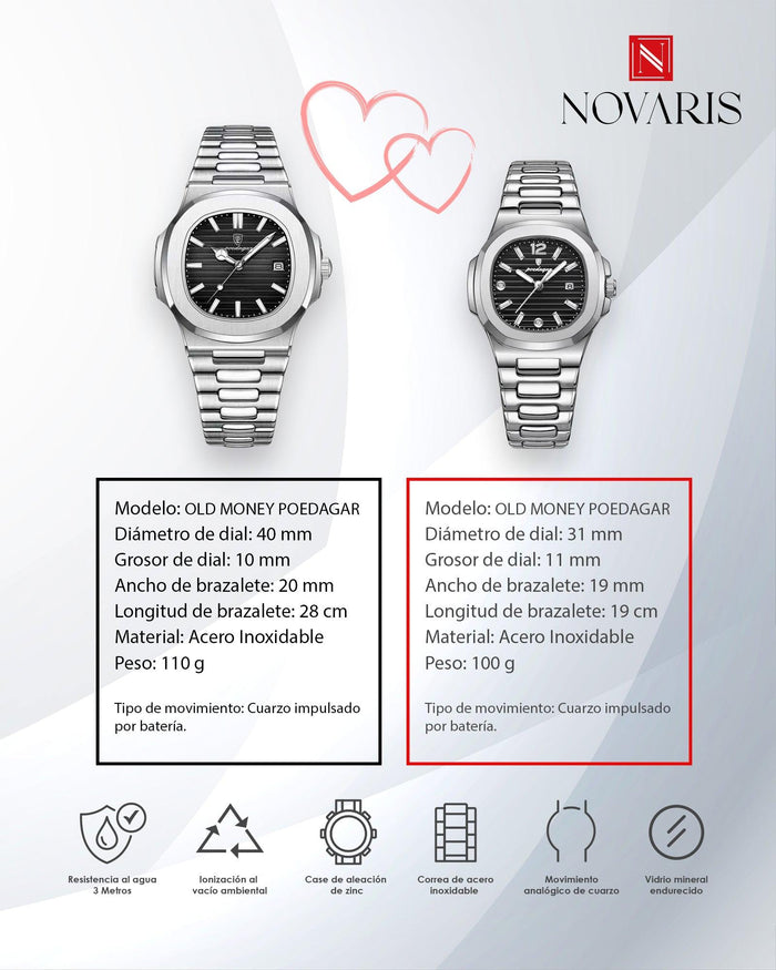 PAREJA RELOJ OLD MONEY NEGRO POEDAGAR (INCLUYE 2 RELOJES)