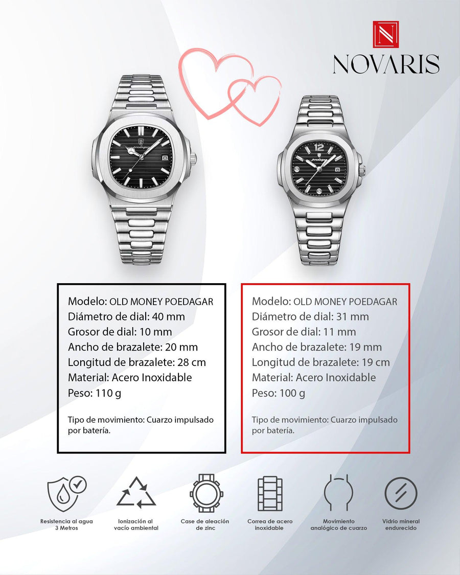 PAREJA RELOJ OLD MONEY NEGRO POEDAGAR (INCLUYE 2 RELOJES)